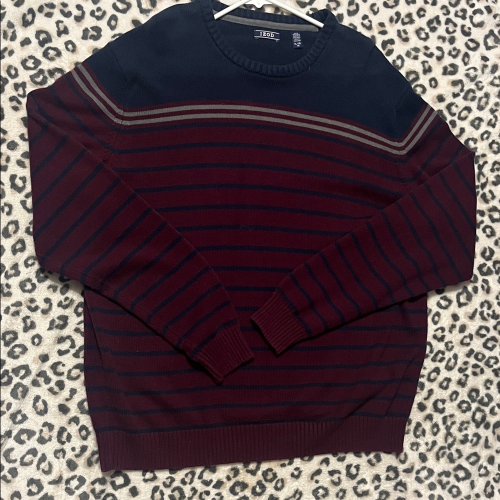 Izod Men's Crewneck Sweater - Navy and Burgundy Stripes